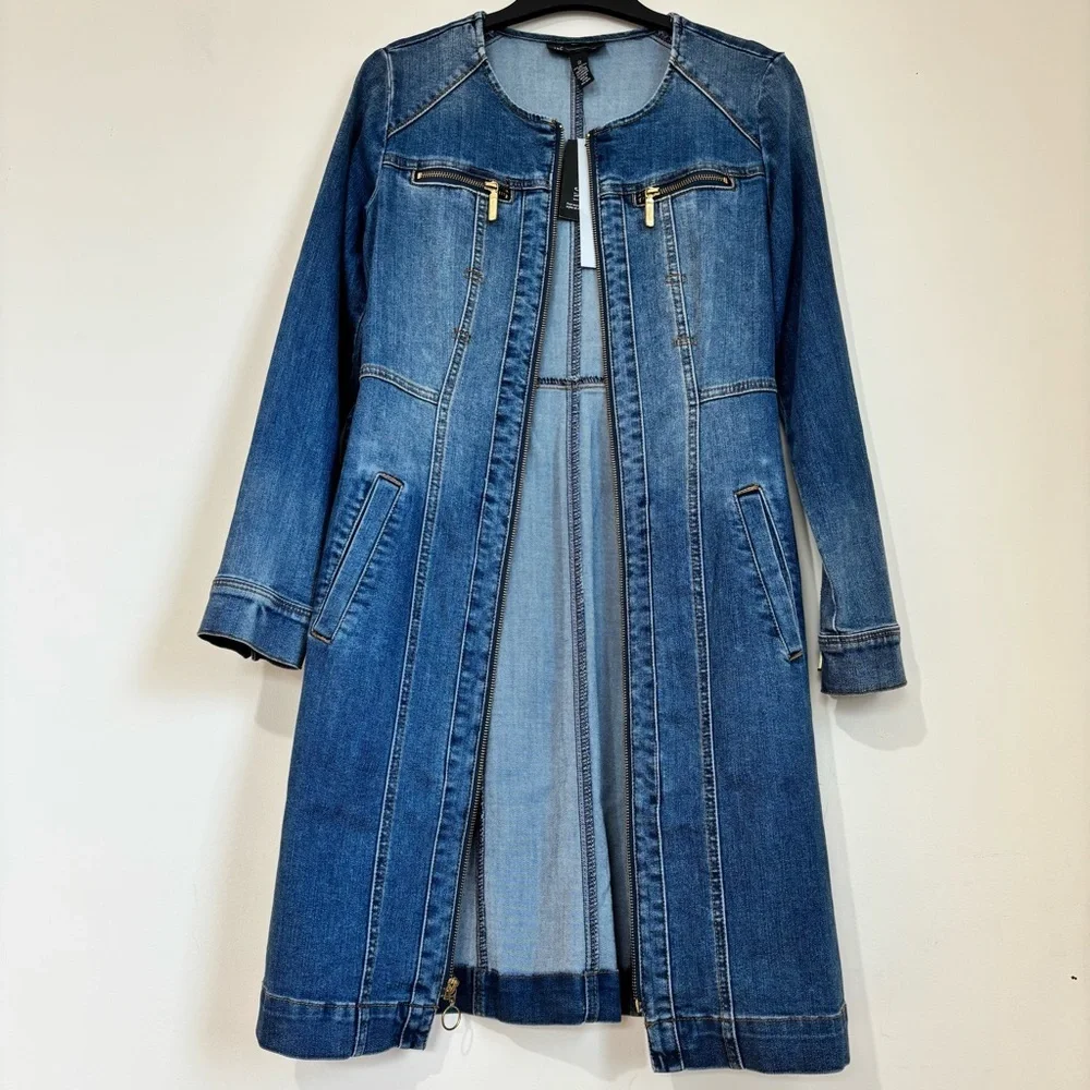 BWT INC International Concepts denim blue shirtdress gold zipper trench dress 2 - Picture 3 of 16